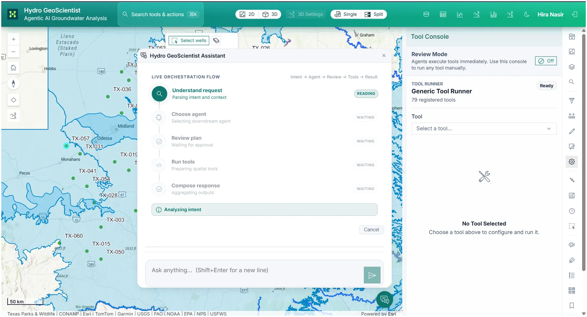 AI agents running a workflow inside the GIS assistant.